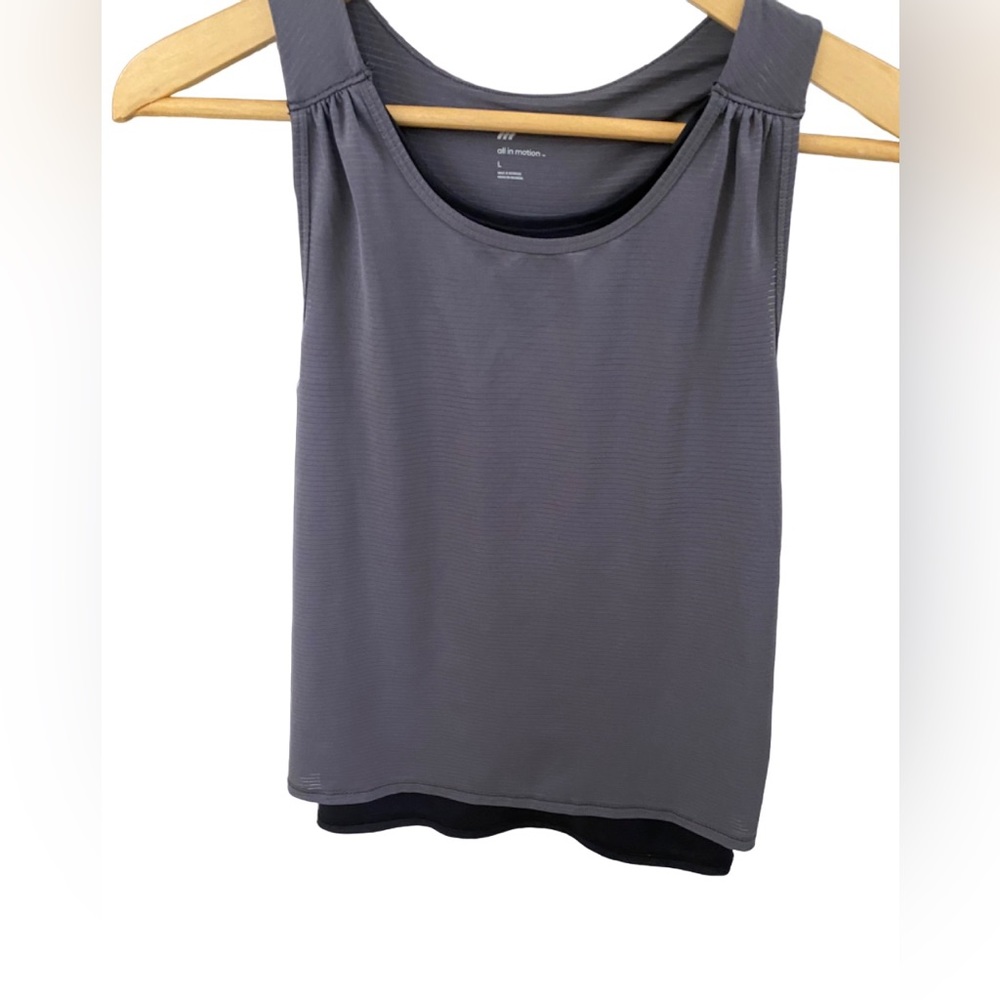 All in motion grey layered tank with black underlayer